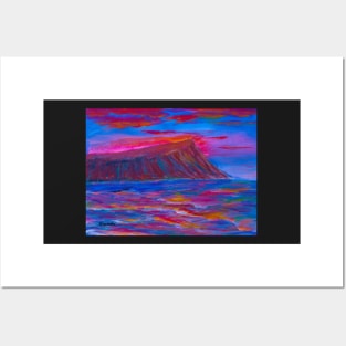 Colorful Hawaii Sunset Over Water, Honolulu, Oahu, Painting Posters and Art